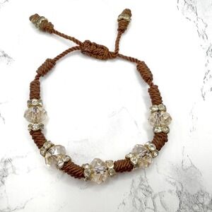 Boho Glass Bead Adjustable Cord Bracelet Champagne Crystal Beads 7-10"